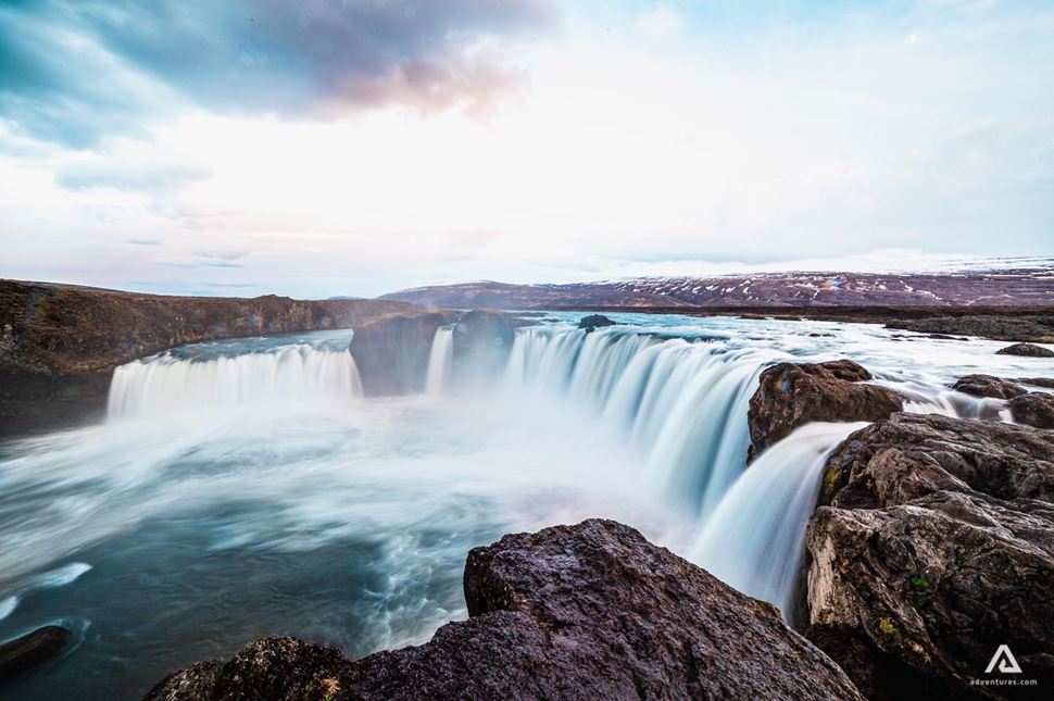 Godafoss Waterfall In Northern Iceland Landscape Of Godafoss Waterfall In Northern Iceland
